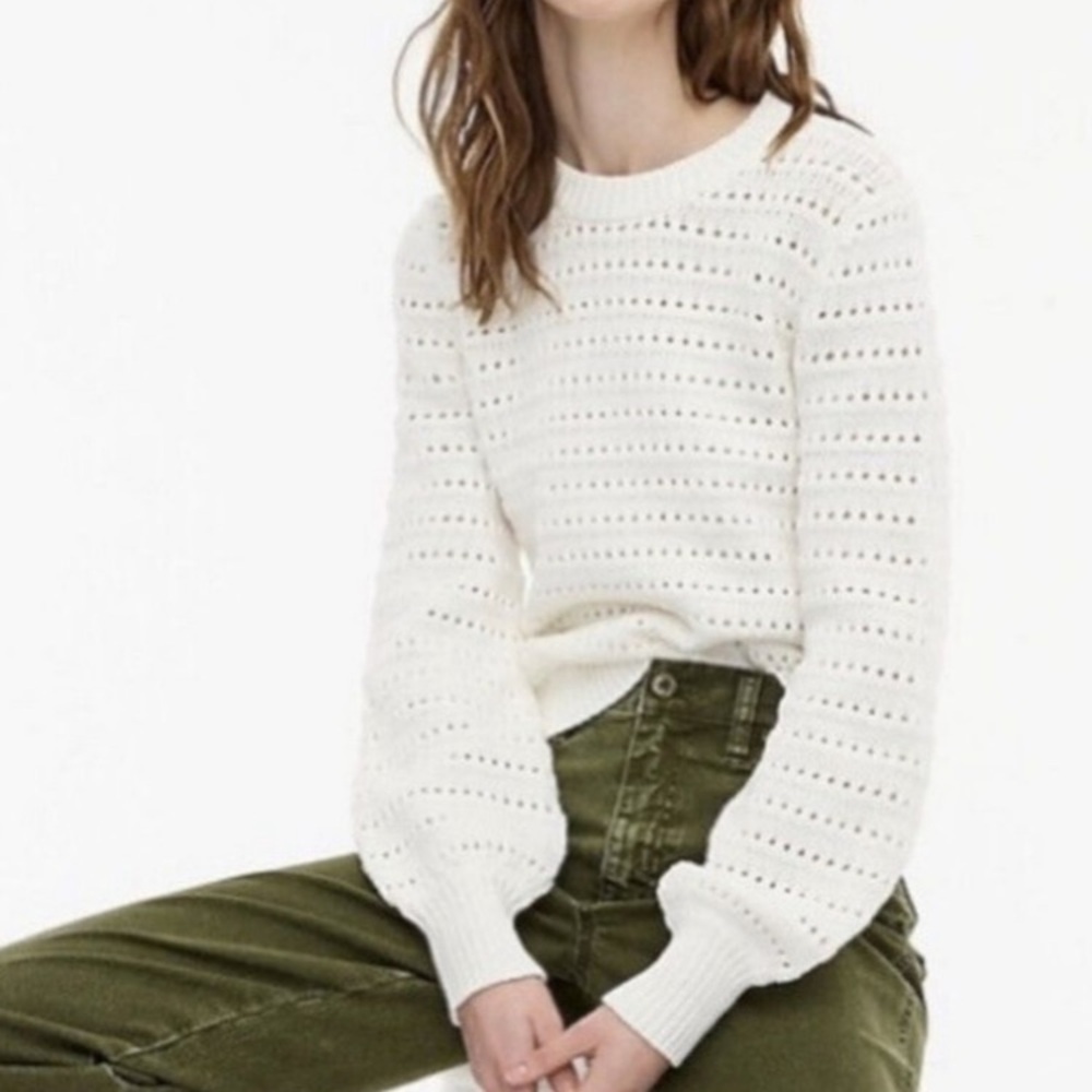J. Crew Balloon-Sleeve Pointelle Knit Sweater Cream Chunky Knit Size 3X